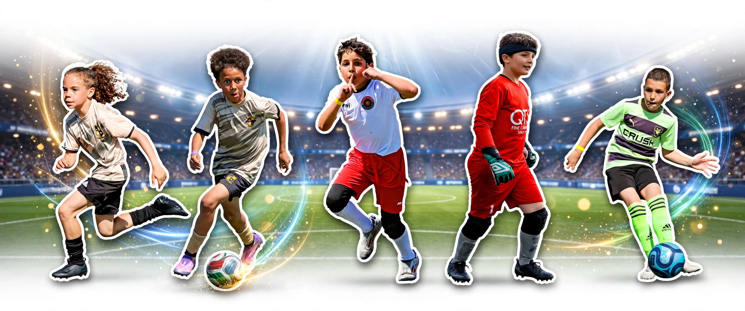 Young soccer players on a stadium pitch